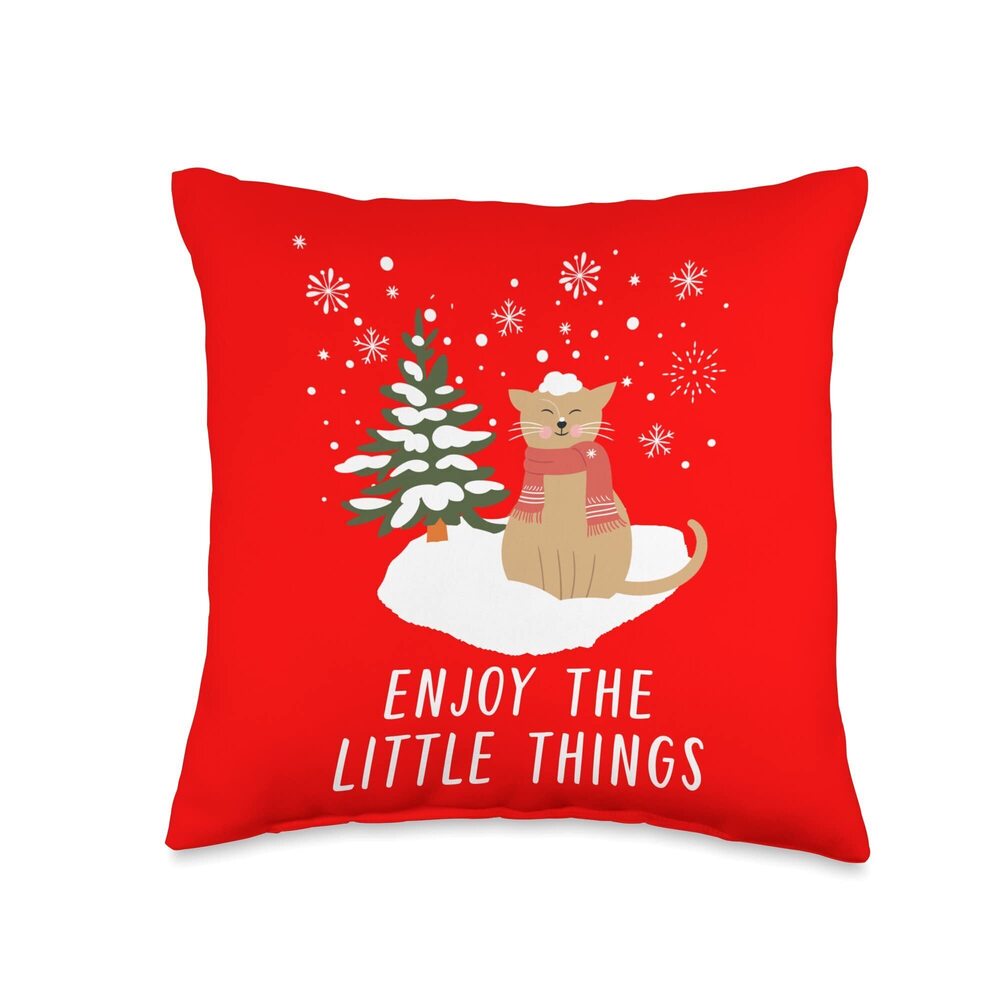 2449 Enjoy the little things. Winter Cat In Snow Throw Pillow